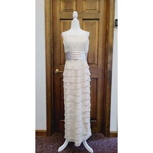 12 JESSICA HOWARD Tiered Ruffle Maxi Gown Dress Champagne/Beige Lace Sequins